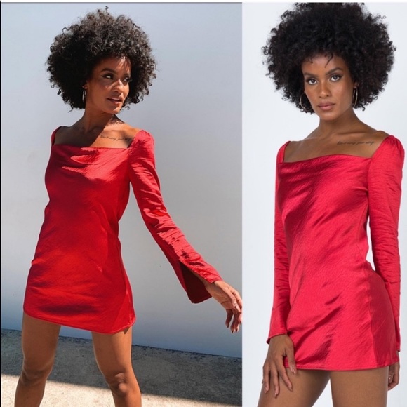 Princess Polly Star Power Red Satin Long Sleeve Cowl Neck Mini Dress - Picture 1 of 11